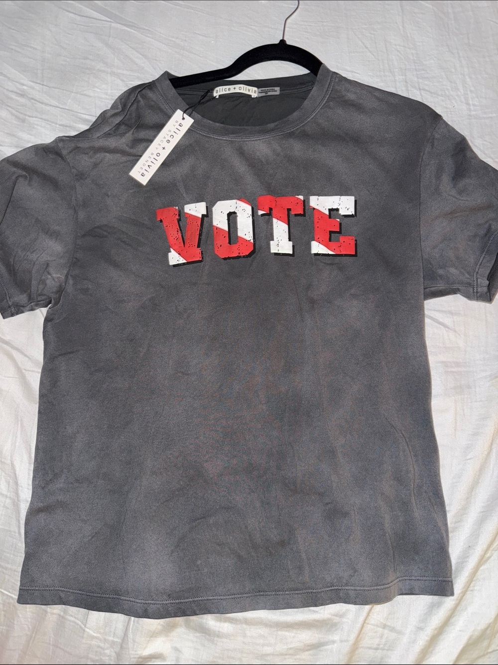 Alice + Olivia Gray Short Sleeve Tee with Red and White VOTE Graphic